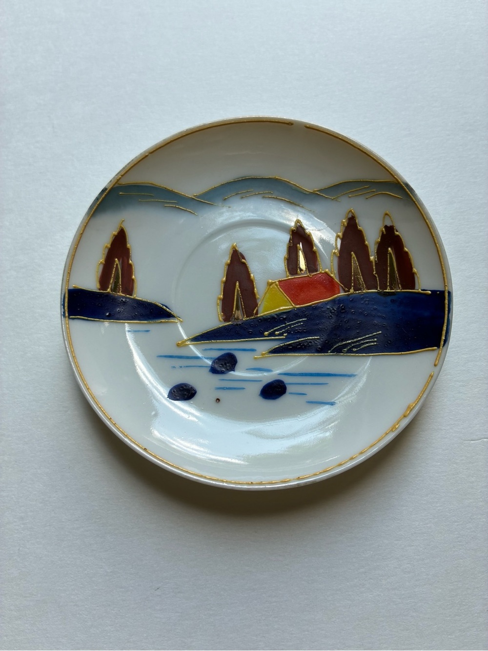 Vintage Hand-Painted White Porcelain Scenic Dish Made in Occupied Japan